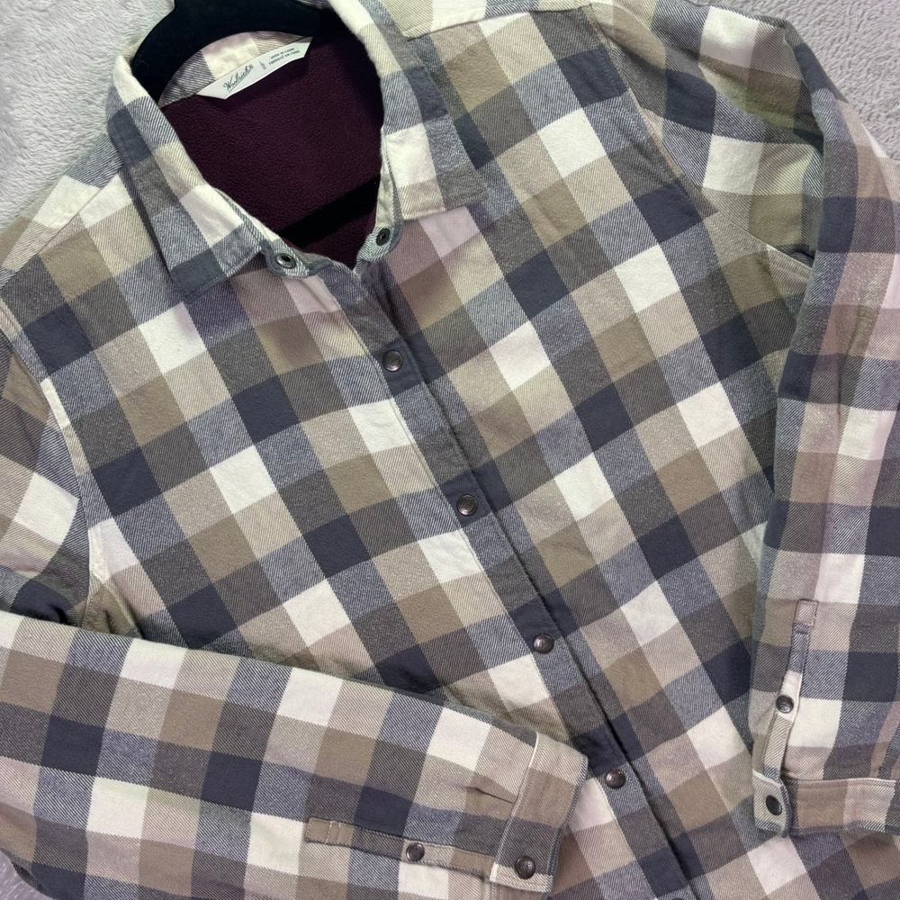 Woolrich Womens Flannel Shirt Jacket Large Brown Plaid Fleece Lined Shacket 2508